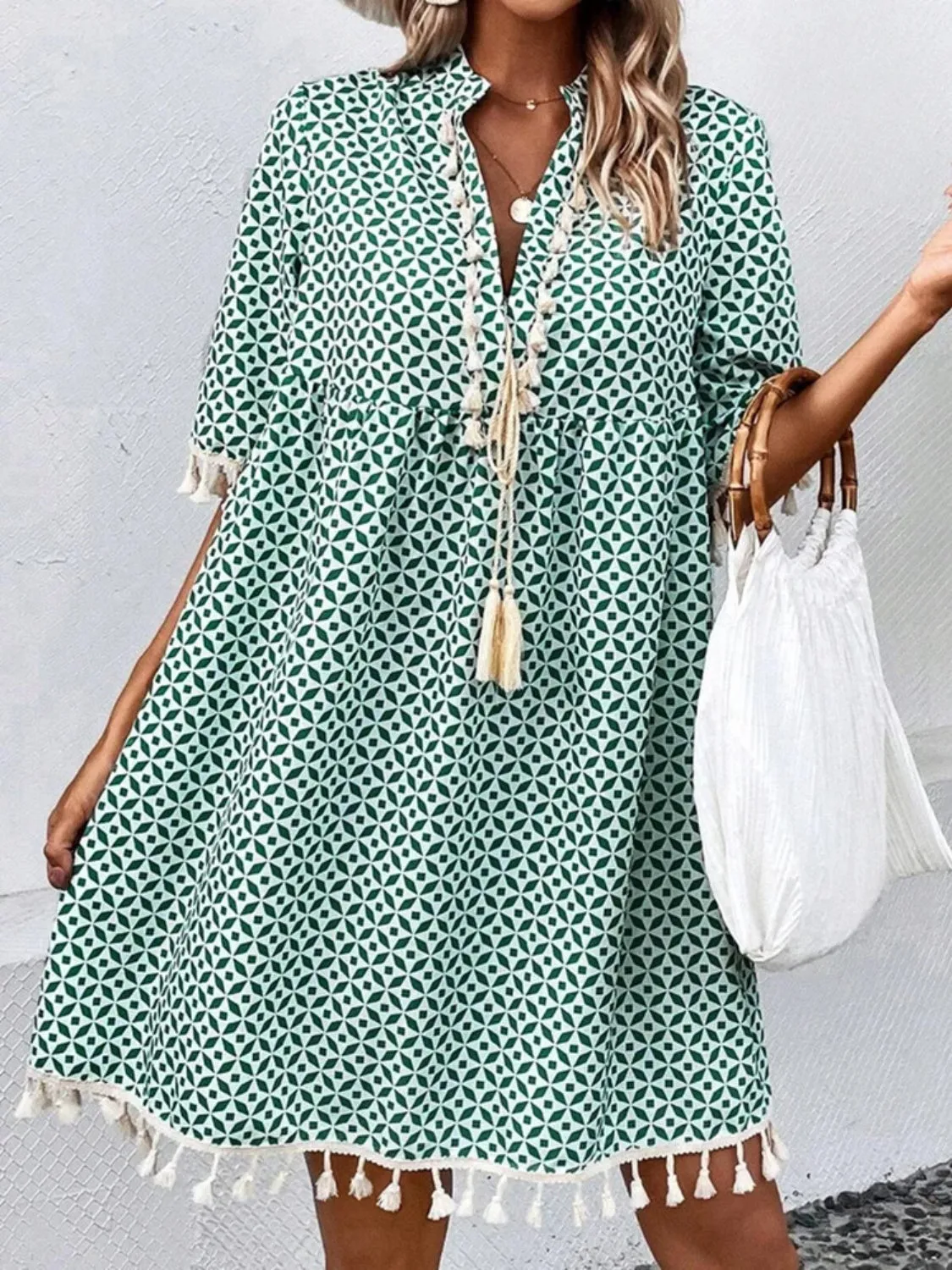🌿 Tassel Printed Notched Half Sleeve Mini Dress 🌿