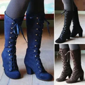 Black boots women Shoes  knee high Women Casual Vintage Retro Mid-Calf Boots Lace Up Thick Heels Shoes