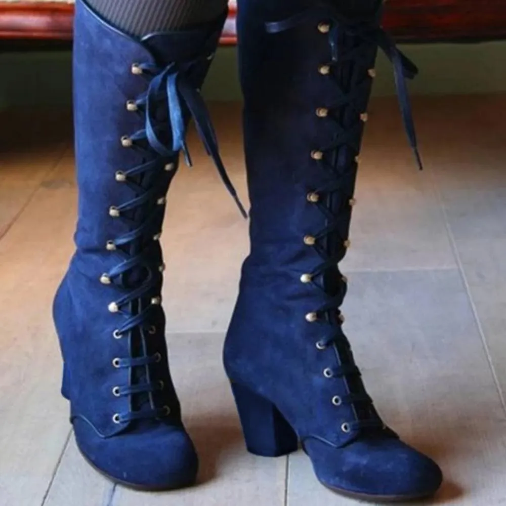 Black boots women Shoes  knee high Women Casual Vintage Retro Mid-Calf Boots Lace Up Thick Heels Shoes