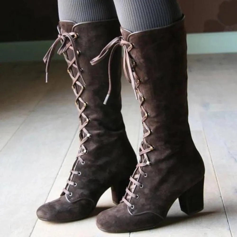 Black boots women Shoes  knee high Women Casual Vintage Retro Mid-Calf Boots Lace Up Thick Heels Shoes