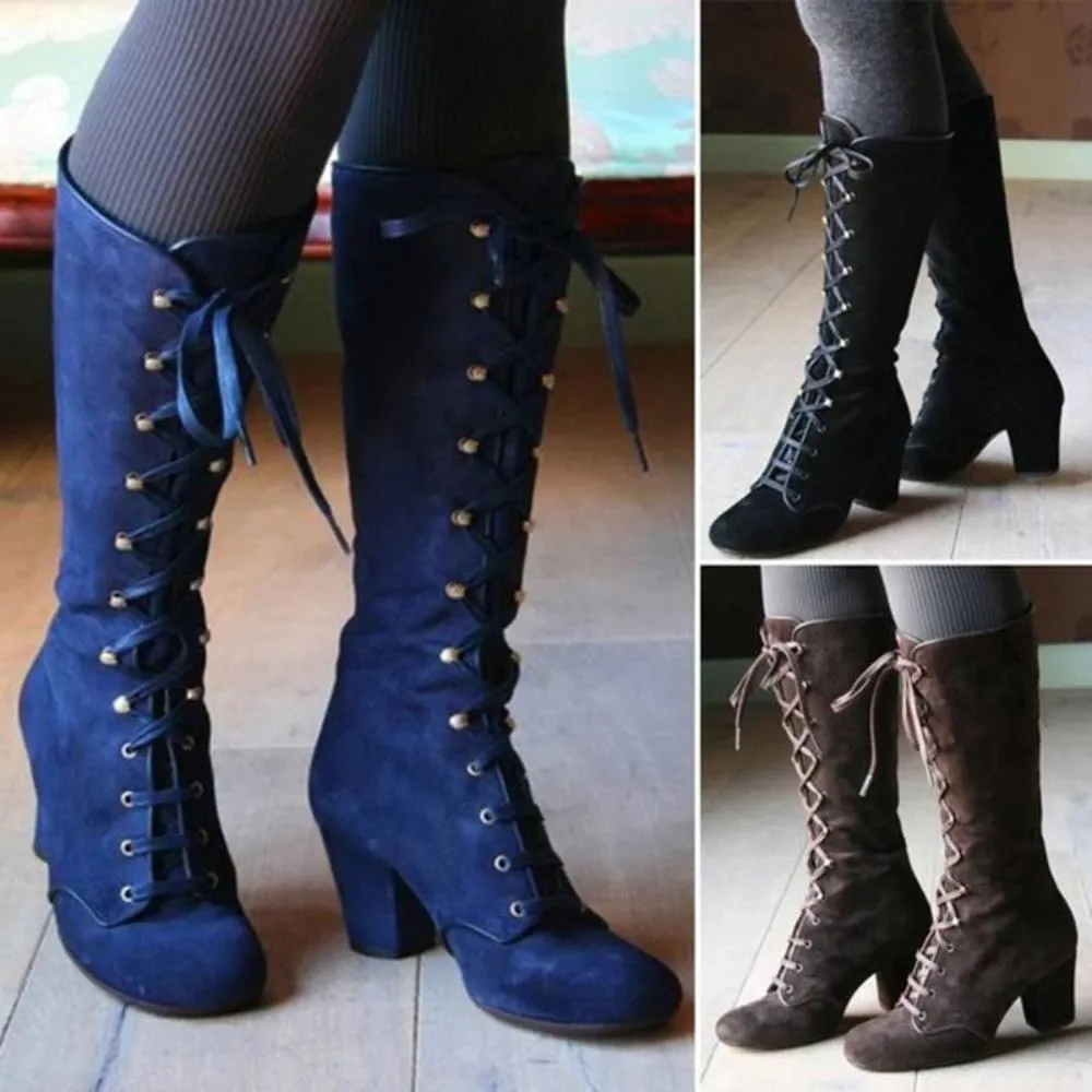 Black boots women Shoes  knee high Women Casual Vintage Retro Mid-Calf Boots Lace Up Thick Heels Shoes