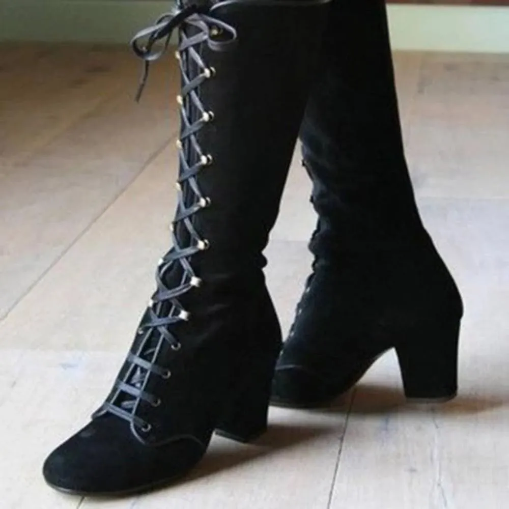 Black boots women Shoes  knee high Women Casual Vintage Retro Mid-Calf Boots Lace Up Thick Heels Shoes