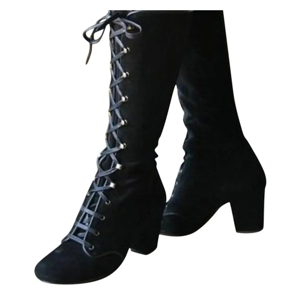 Black boots women Shoes  knee high Women Casual Vintage Retro Mid-Calf Boots Lace Up Thick Heels Shoes