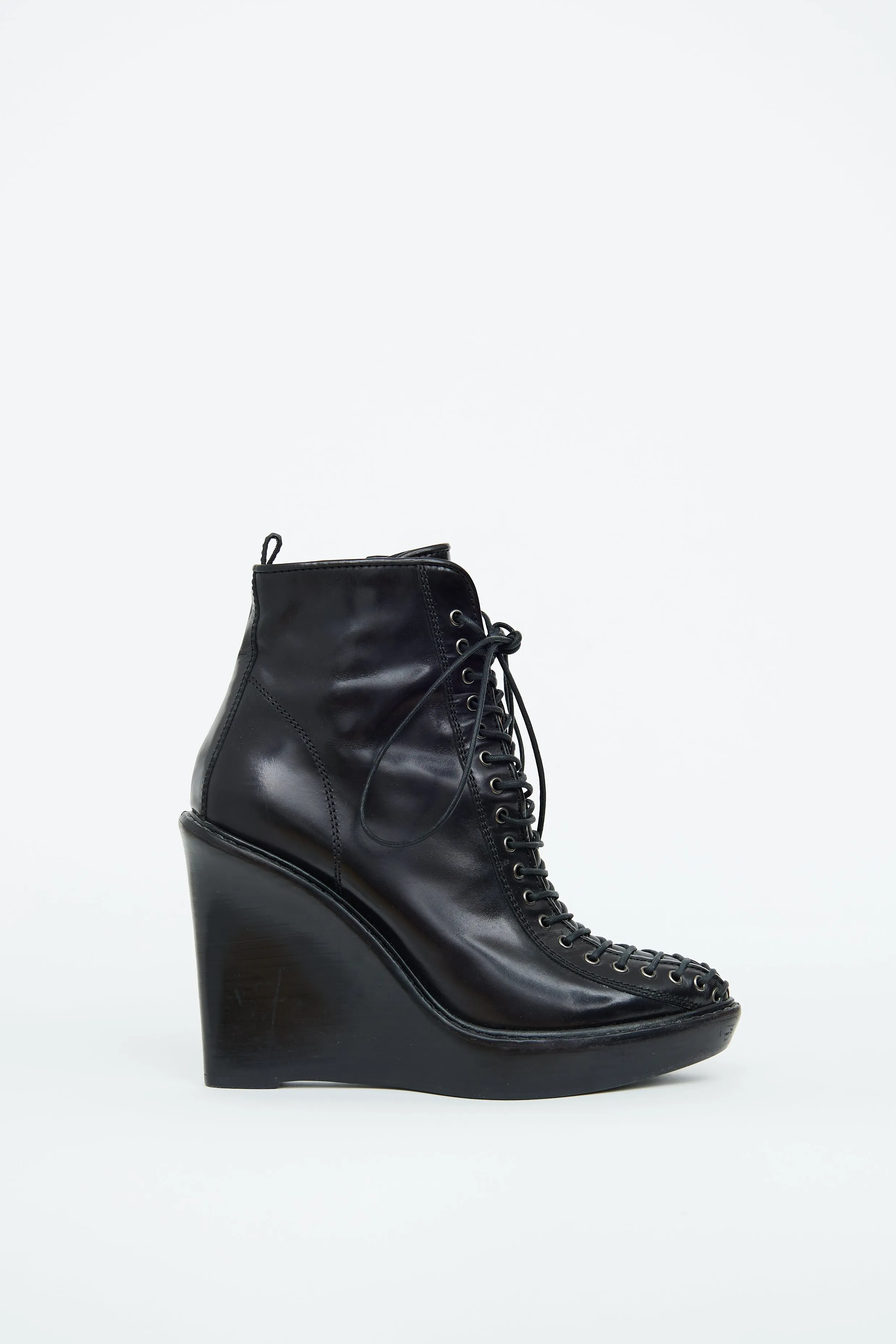 Black Lace Up Wedge Ankle Boot