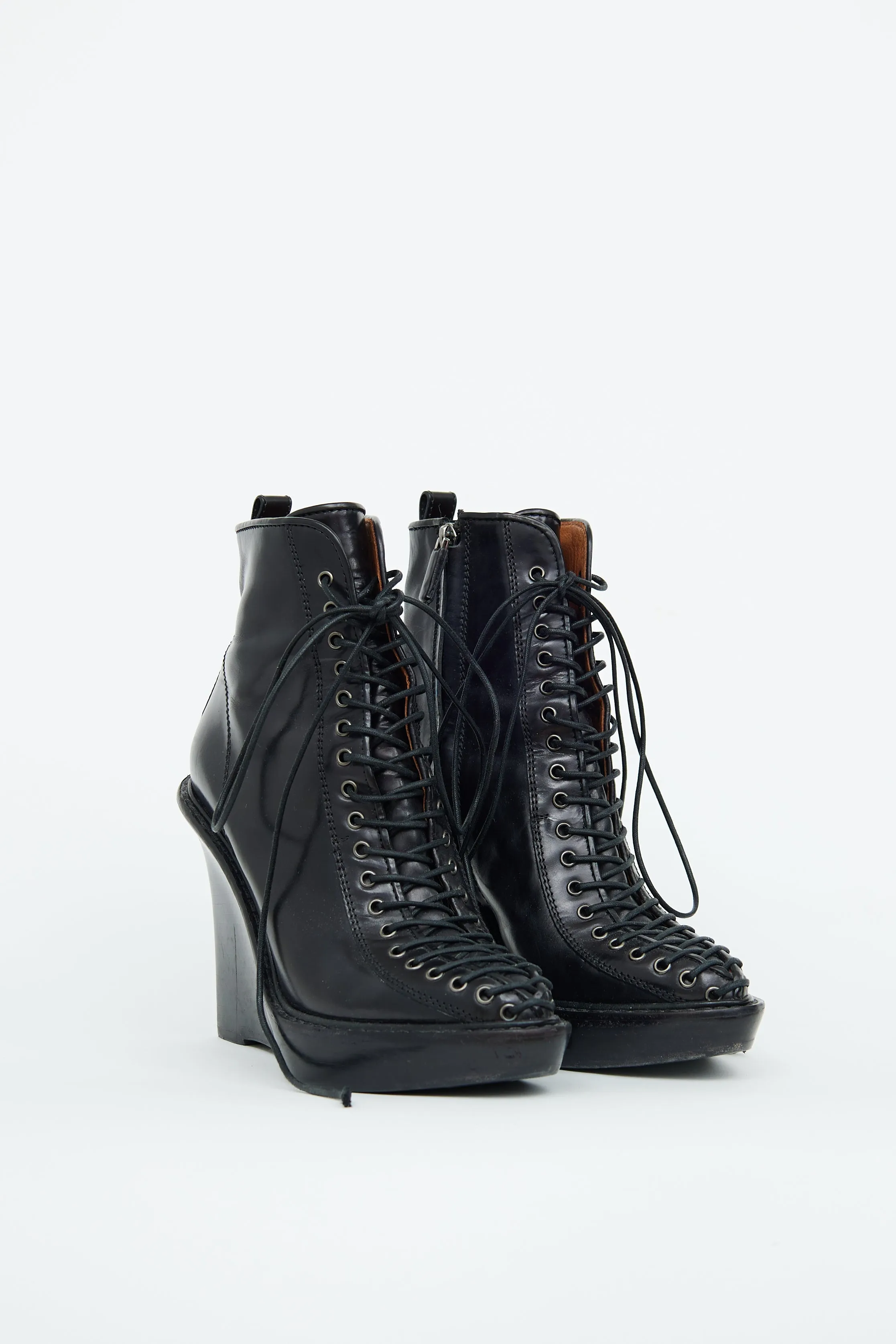 Black Lace Up Wedge Ankle Boot