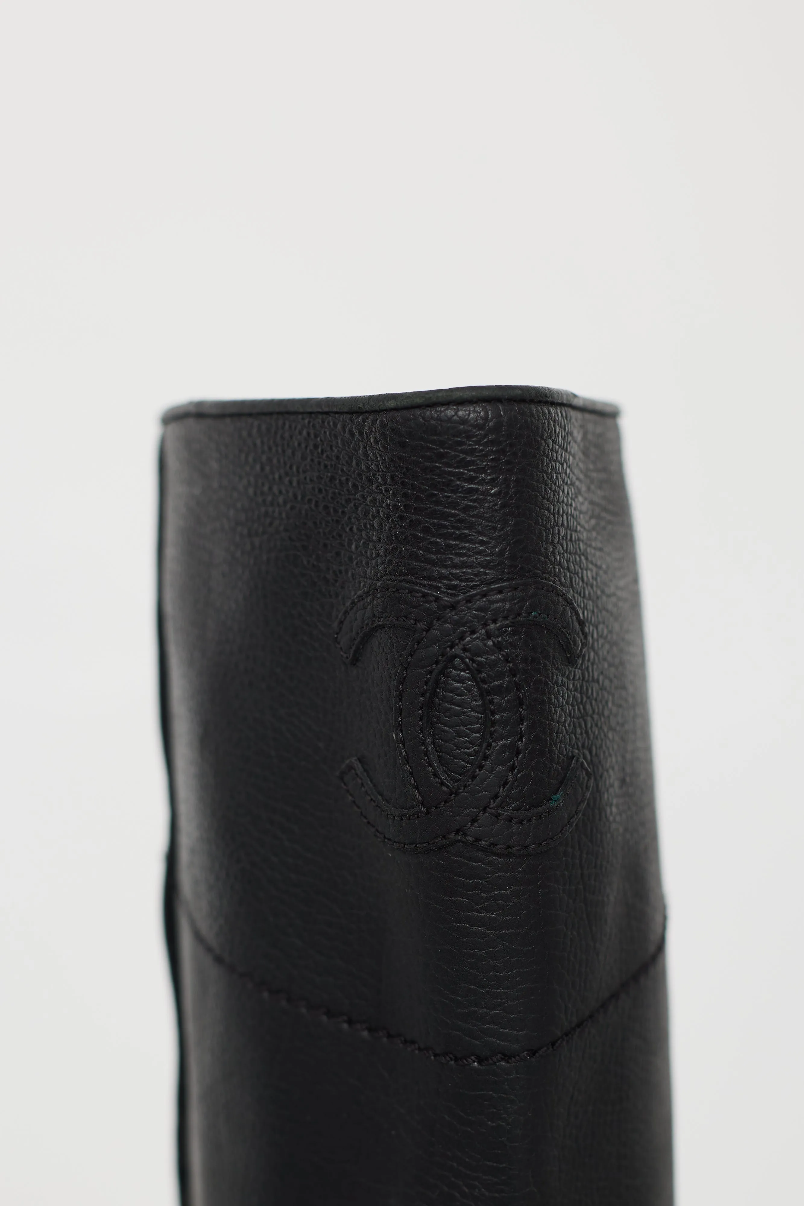 Black Leather CC Embossed Knee High Boot