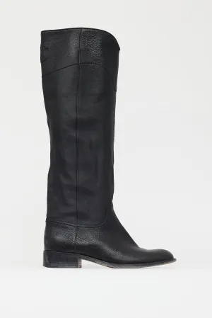 Black Leather CC Embossed Knee High Boot