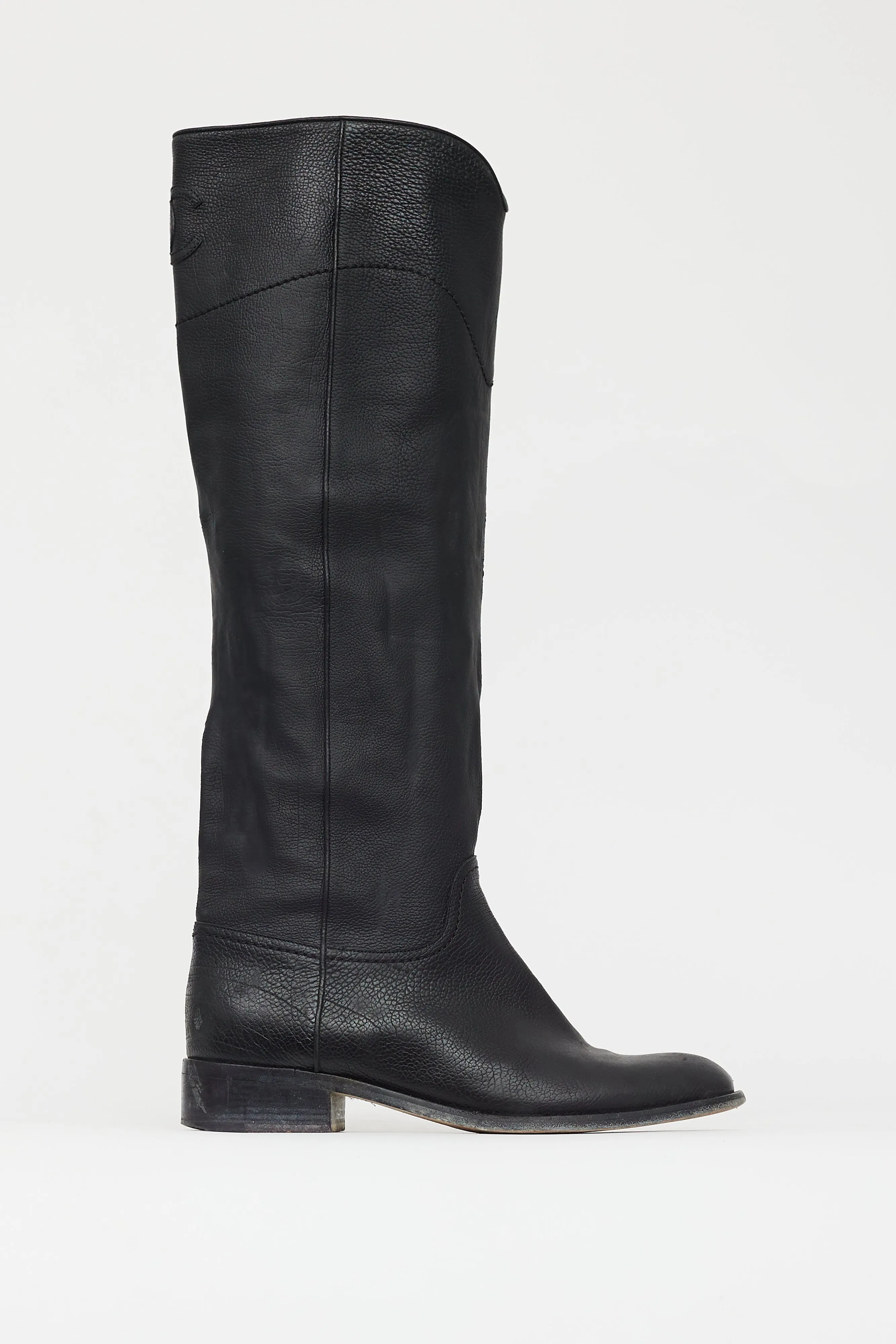 Black Leather CC Embossed Knee High Boot