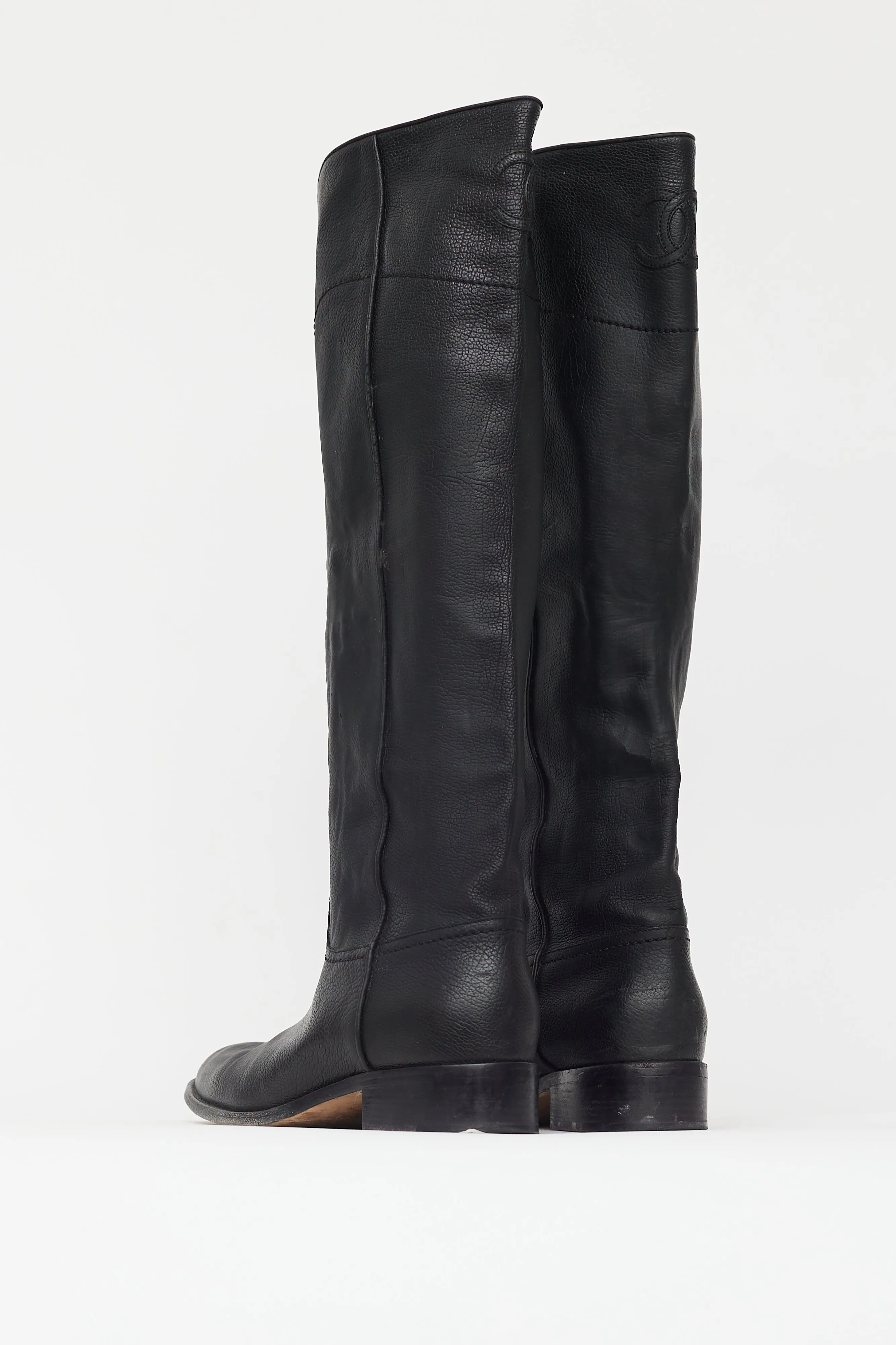 Black Leather CC Embossed Knee High Boot