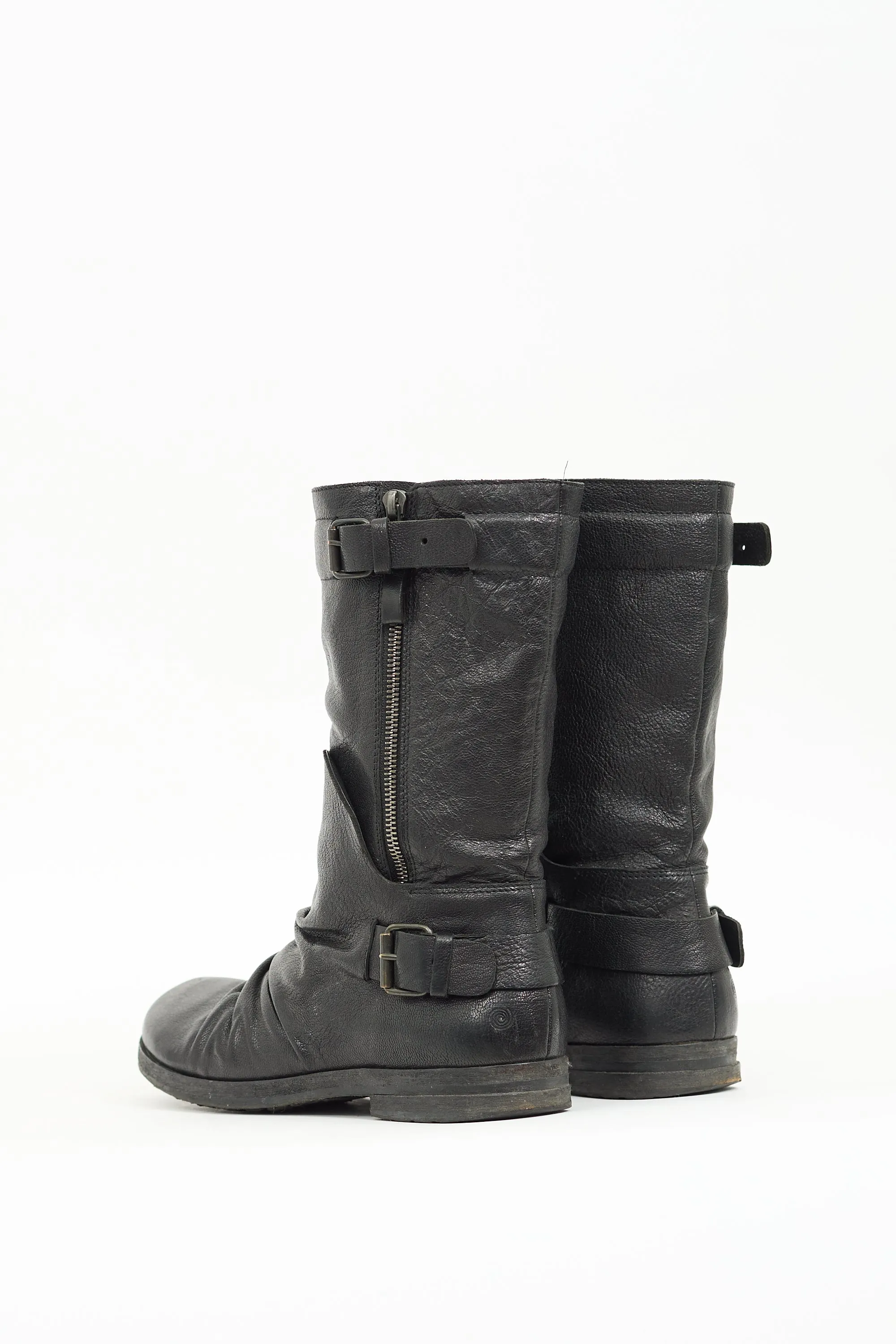 Black Leather Moto Mid Calf Boot