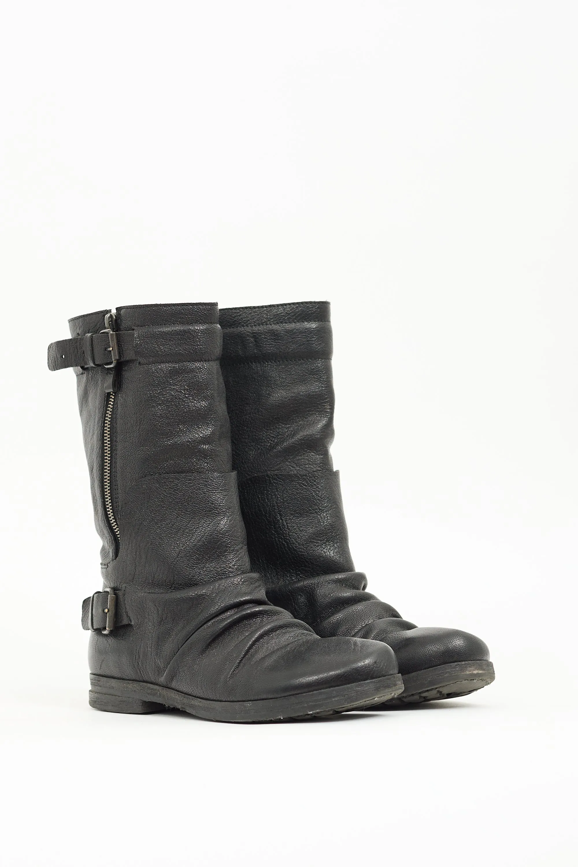 Black Leather Moto Mid Calf Boot