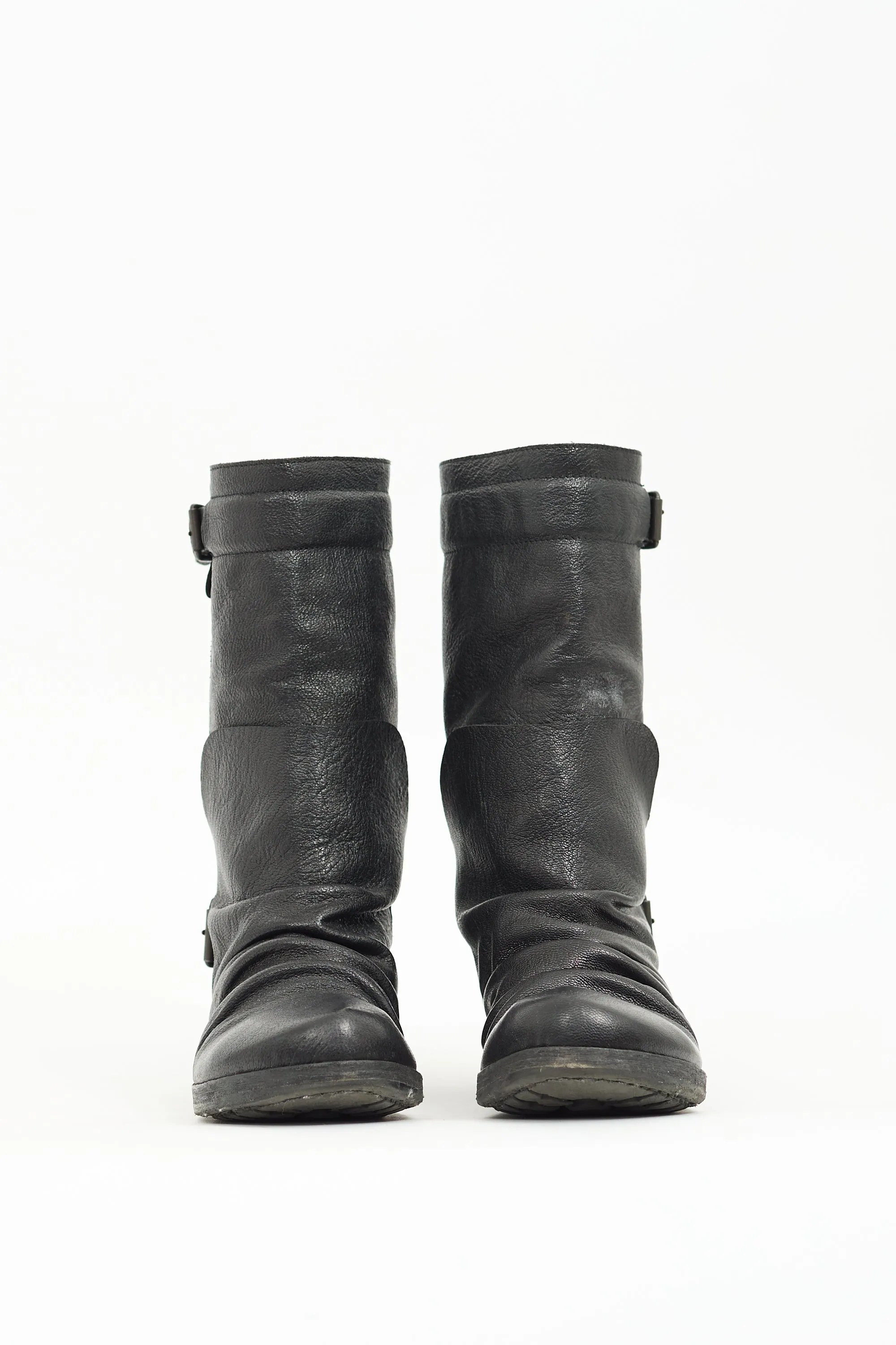 Black Leather Moto Mid Calf Boot