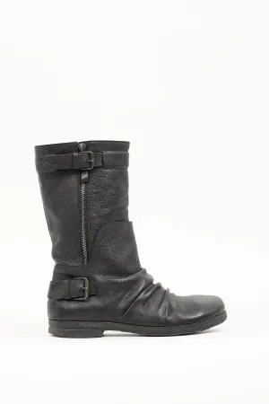 Black Leather Moto Mid Calf Boot