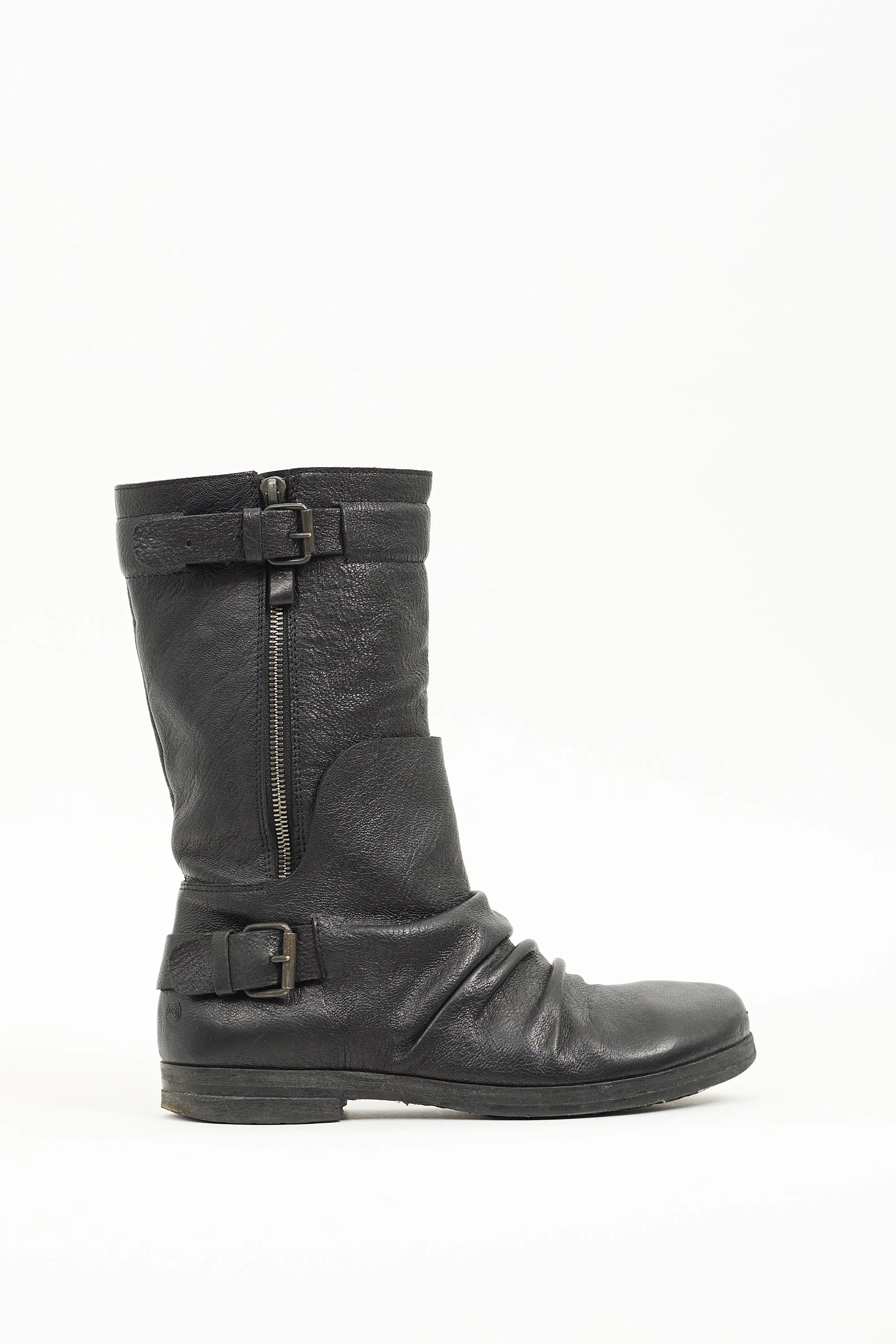 Black Leather Moto Mid Calf Boot