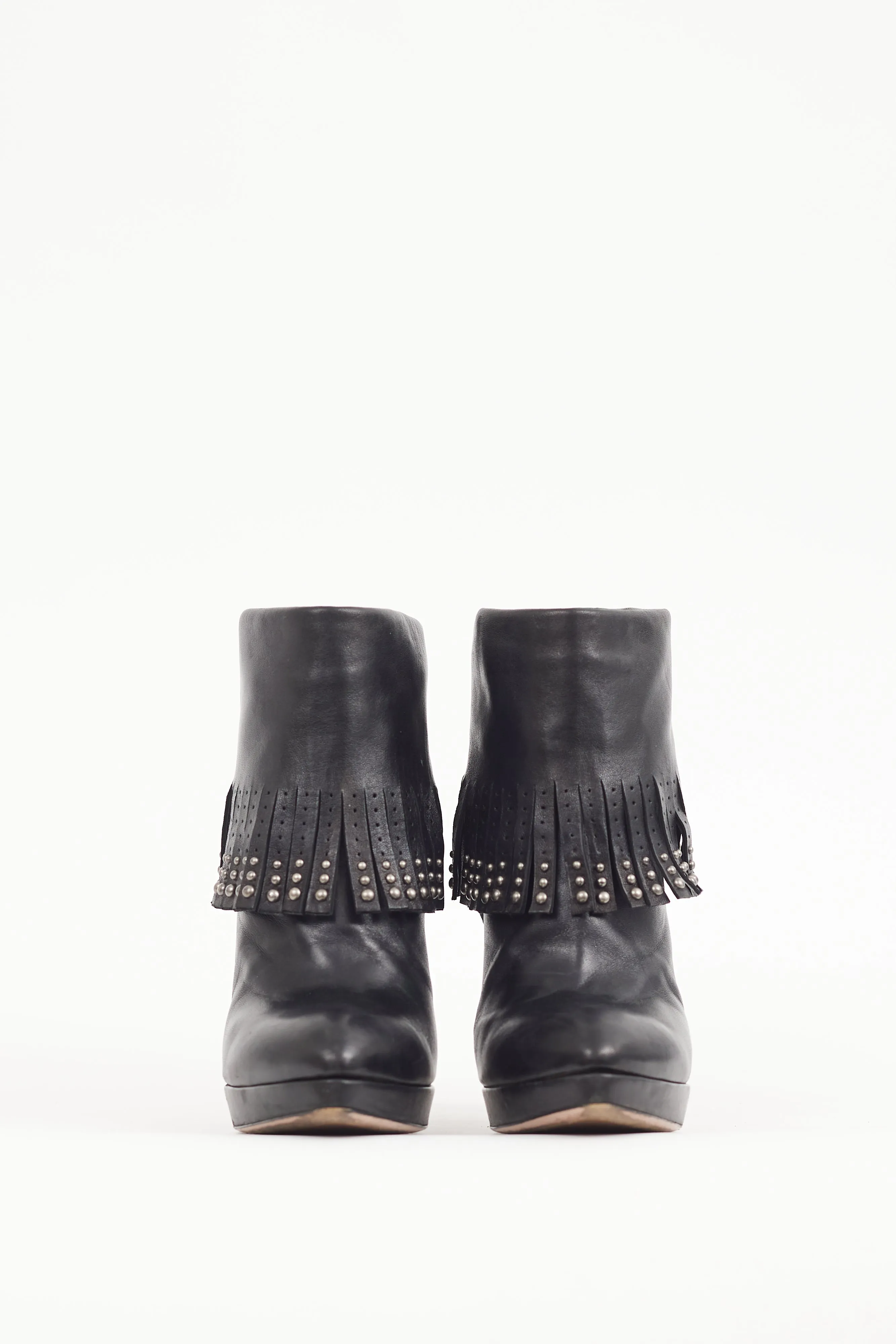 Black Leather Studded Fringe Boot