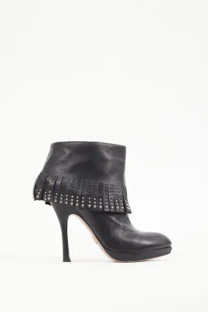 Black Leather Studded Fringe Boot