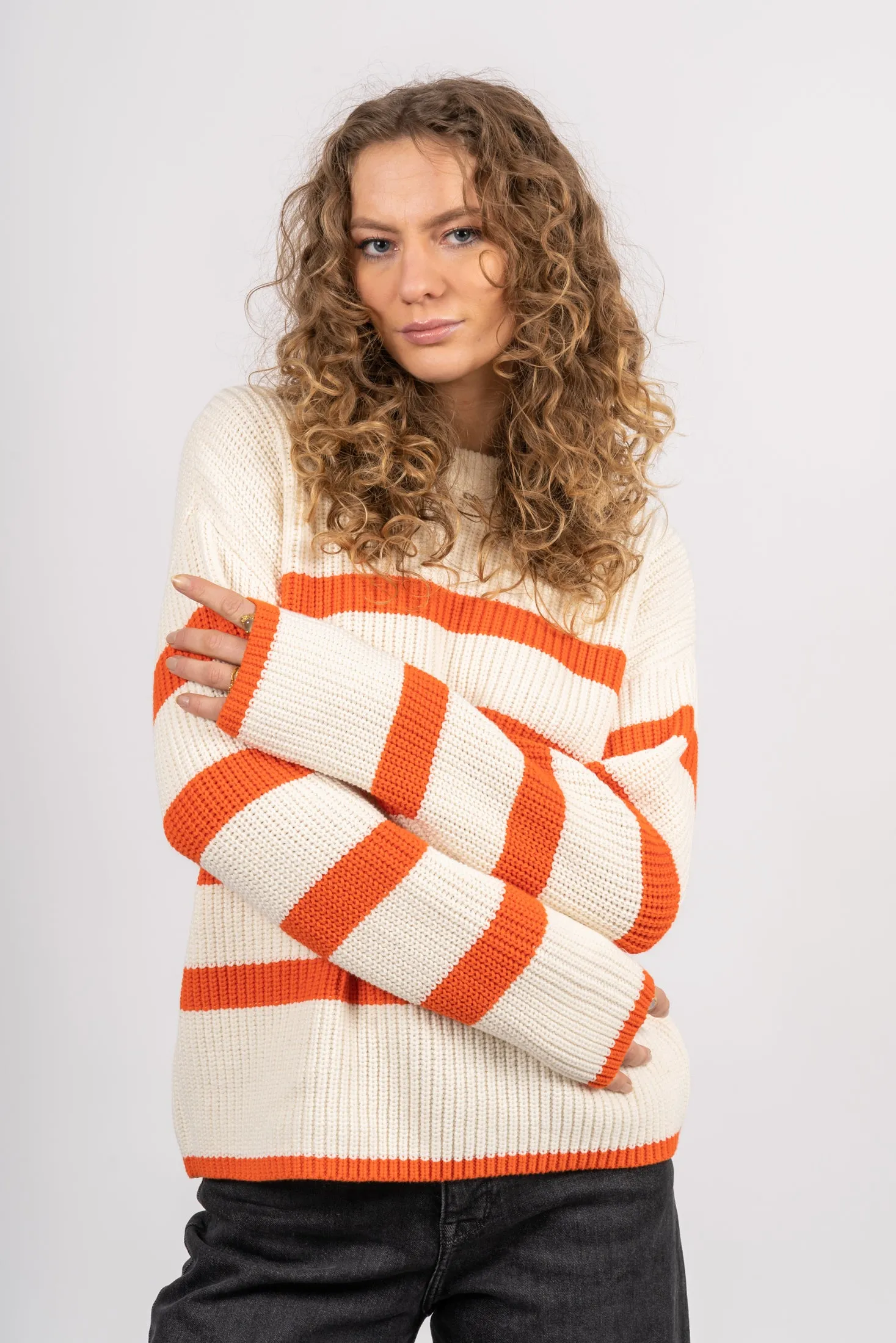 Bloomie LS Knit O-Neck - Snow White W/Orangeade