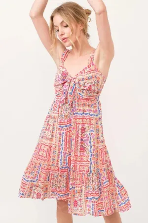 Boho Tiled Patchwork Tie-Front Mini Dress