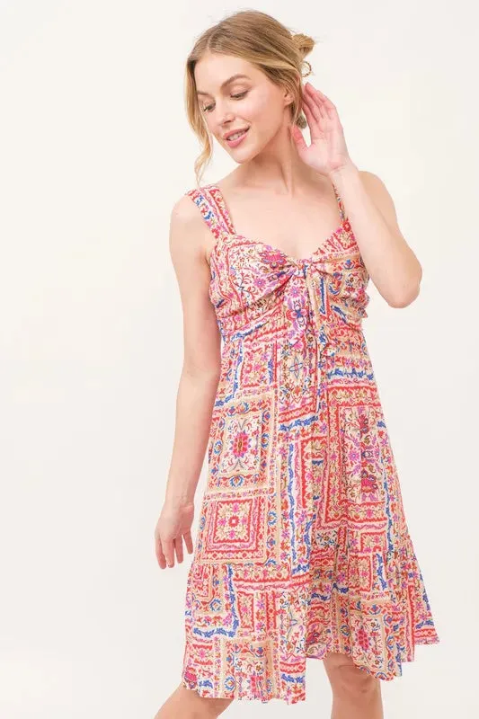 Boho Tiled Patchwork Tie-Front Mini Dress