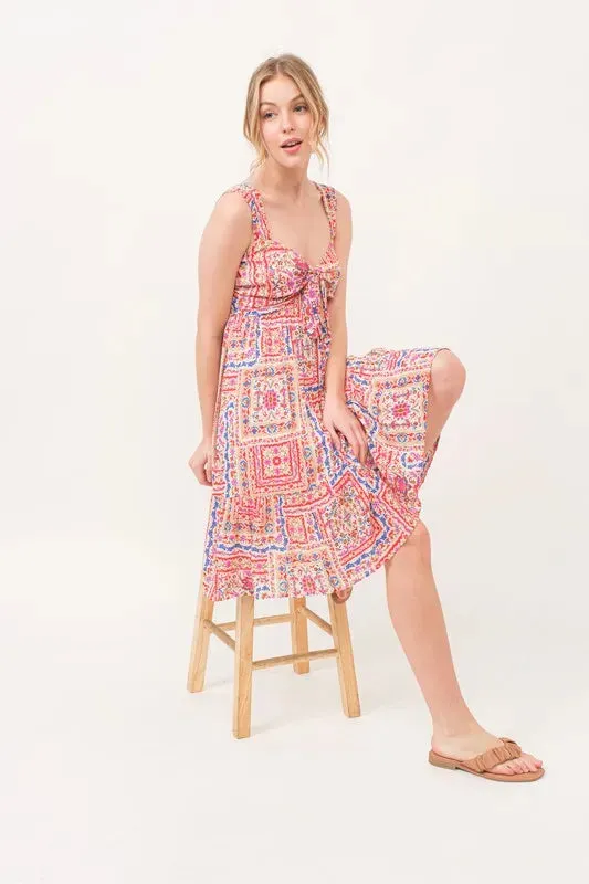 Boho Tiled Patchwork Tie-Front Mini Dress