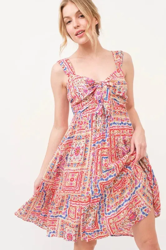 Boho Tiled Patchwork Tie-Front Mini Dress