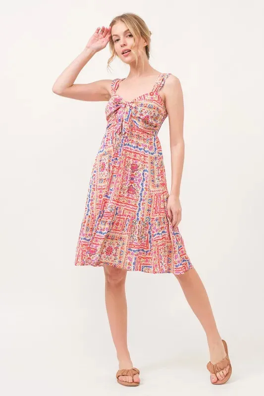 Boho Tiled Patchwork Tie-Front Mini Dress