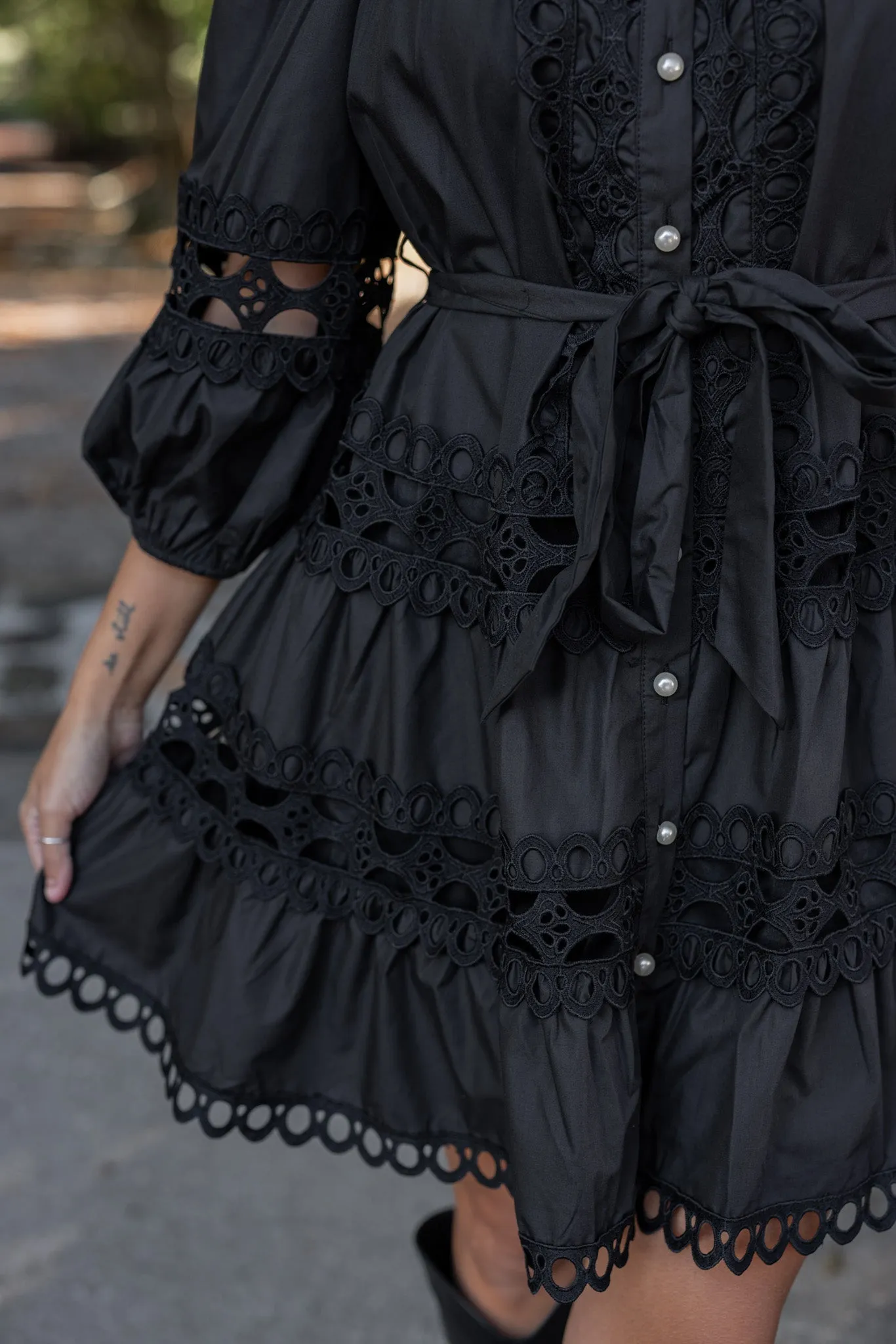 Embroidered Lace Black Tiered Dress