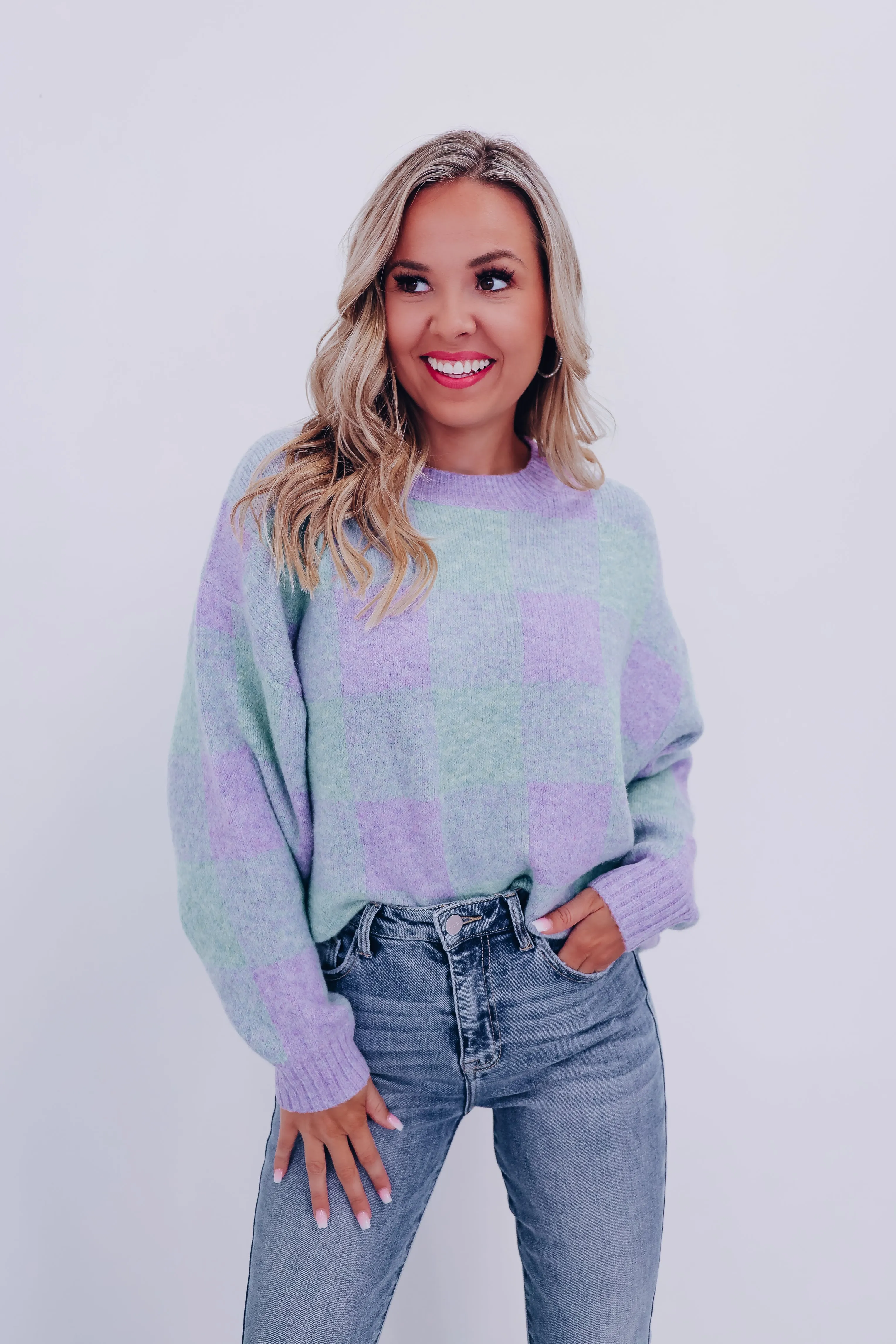 Fergie Fuzzy Checkered Sweater - Sage/Blue
