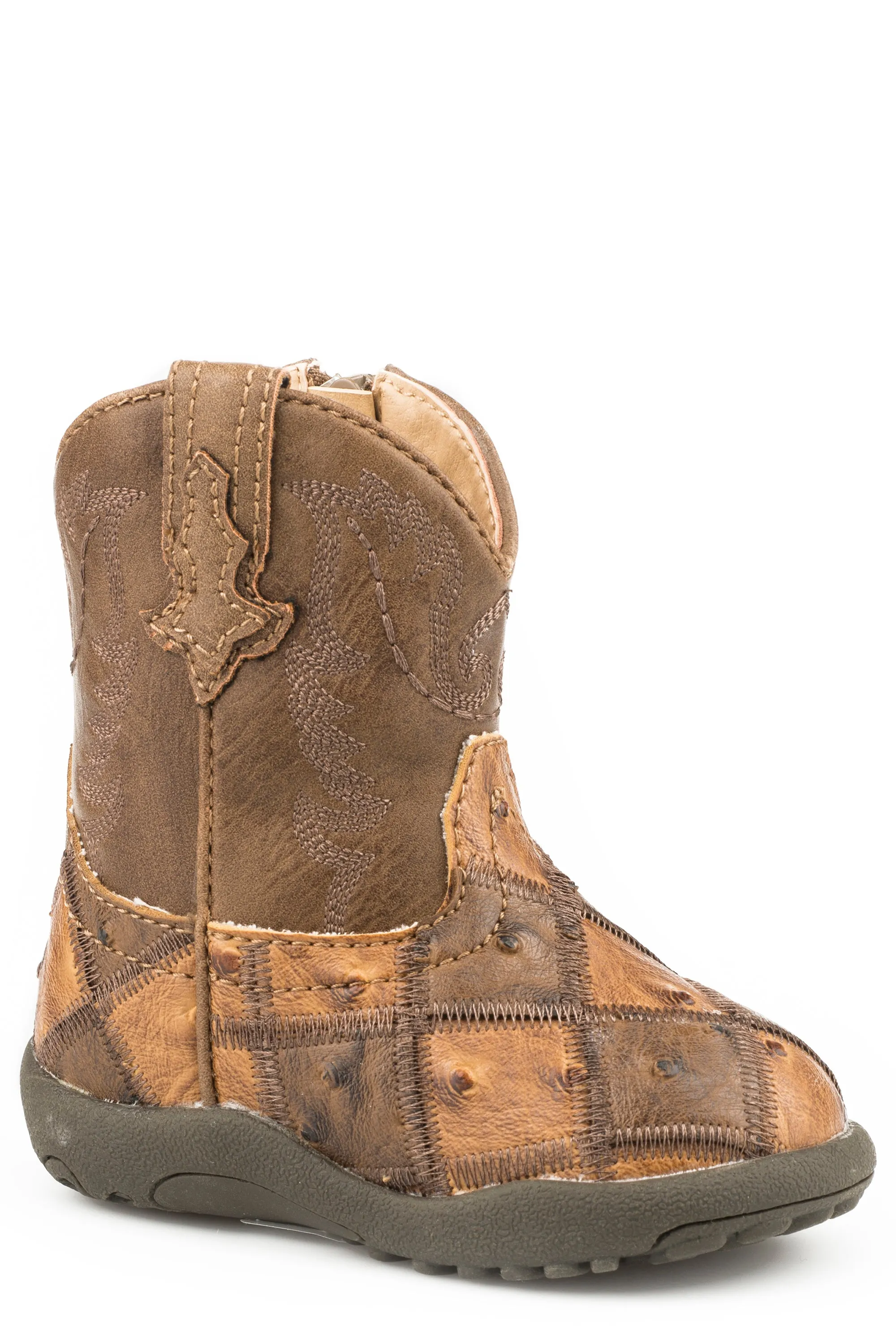 INFANT GIRLS TAN BROWN PATCHWORK FAUX OSTRICH VAMP COWBABY