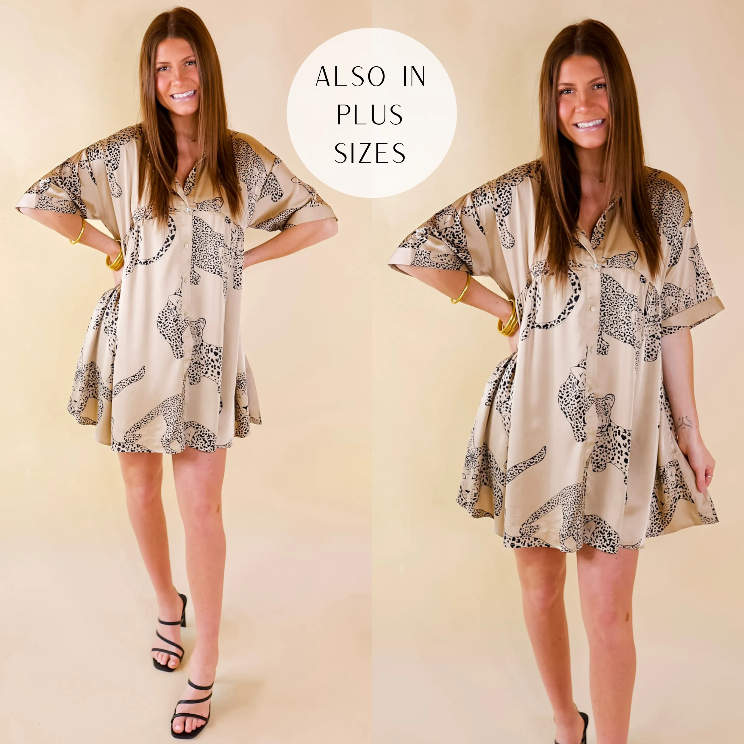 Last Chance Size Small | Ready To Flaunt Button Up Leopard Print Satin Babydoll Dress in Beige