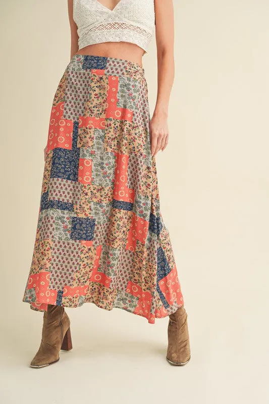 Patchwork Print Boho Maxi Skirt