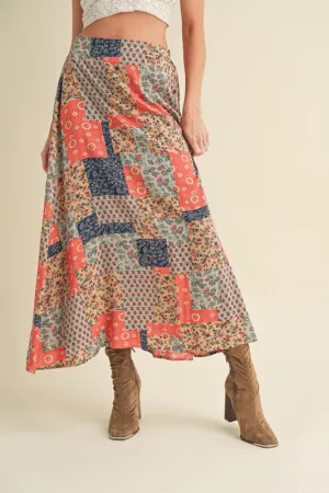Patchwork Print Boho Maxi Skirt
