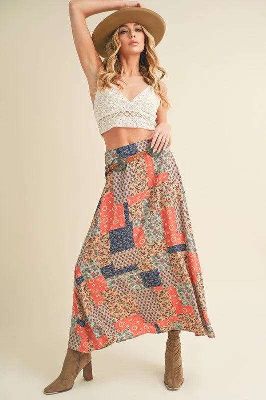 Patchwork Print Boho Maxi Skirt