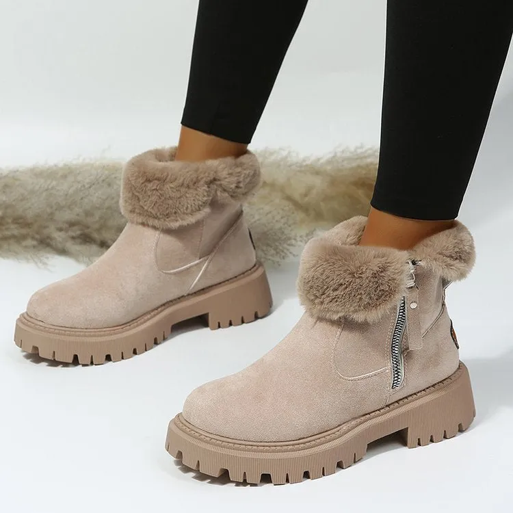 Short Thick Soled round Toe Snow Boots Women Vintage Fleece-Lined Thickening Thermal Cotton Shoes
