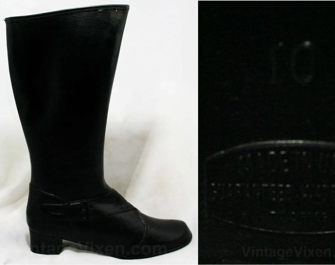 Size 10 Black Boots - Authentic Early 1960s Deadstock - Waterproof Vinyl - Fleece Lined - 60s - Faux Buckle - Rain Dears - Winter - 43246-4