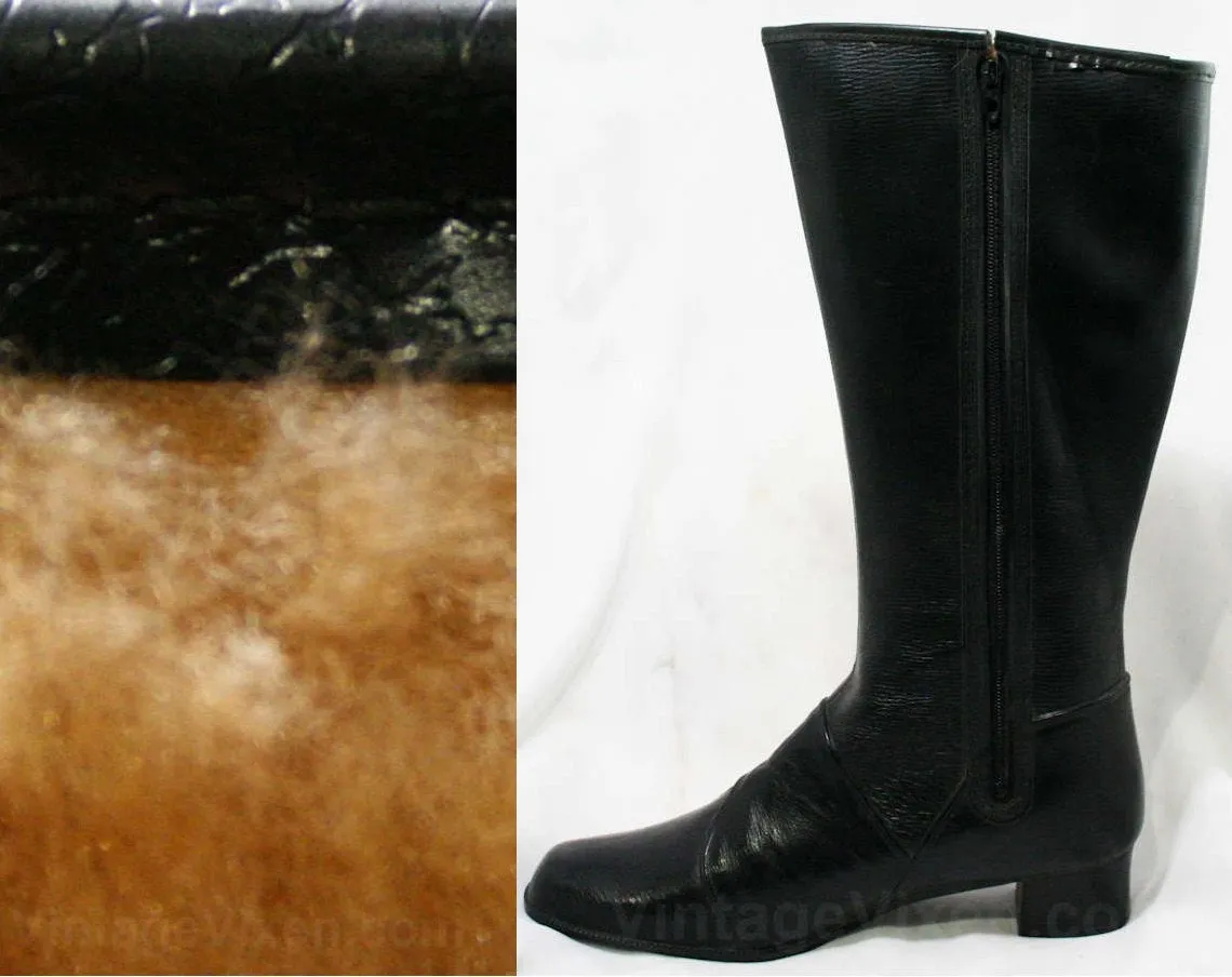 Size 10 Black Boots - Authentic Early 1960s Deadstock - Waterproof Vinyl - Fleece Lined - 60s - Faux Buckle - Rain Dears - Winter - 43246-4