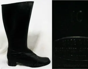 Size 10 Black Boots - Authentic Early 1960s Deadstock - Waterproof Vinyl - Fleece Lined - 60s - Faux Buckle - Rain Dears - Winter - 43246-4