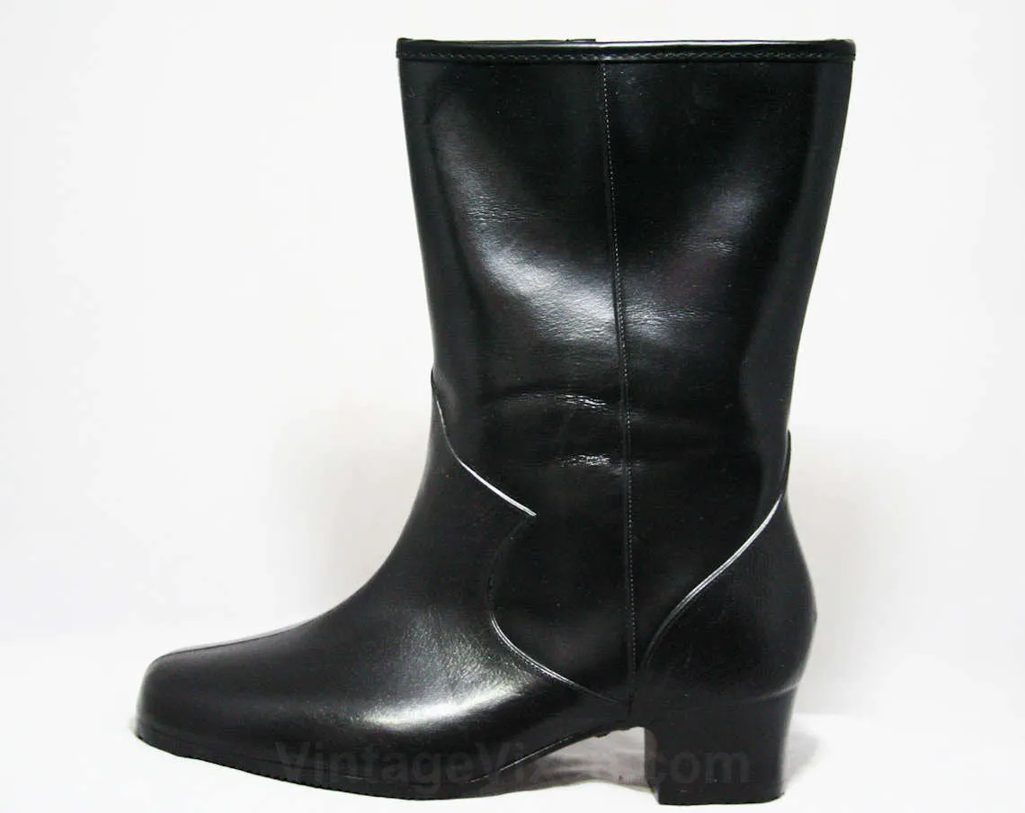 Size 5 WW Black Boots - Victorian Inspired - Authentic 1950s Deadstock - Waterproof Vinyl - Fleece Lined - Winter - 50s Wide Width