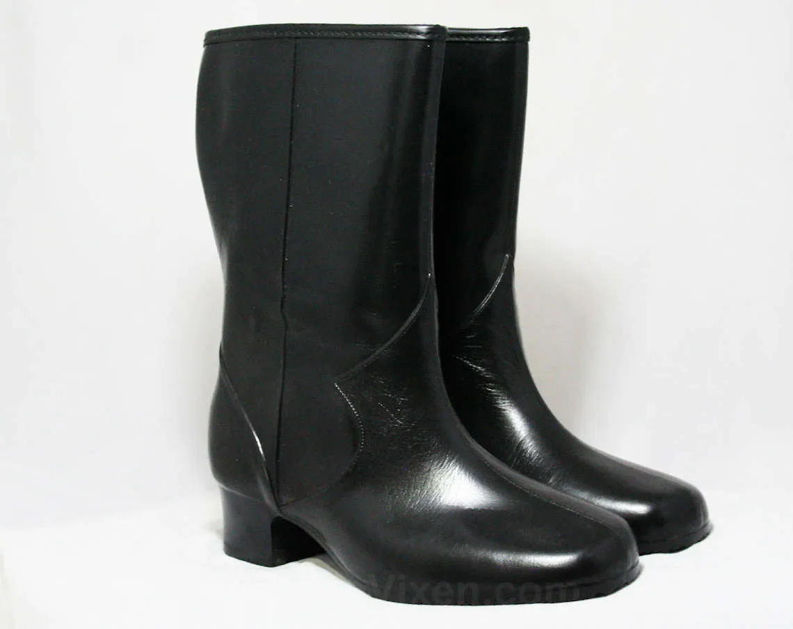 Size 5 WW Black Boots - Victorian Inspired - Authentic 1950s Deadstock - Waterproof Vinyl - Fleece Lined - Winter - 50s Wide Width