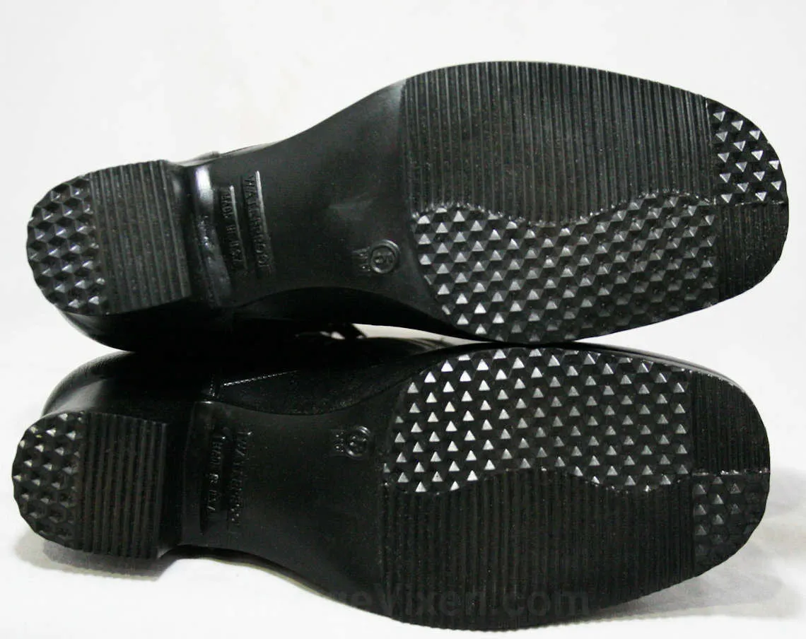 Size 5 WW Black Boots - Victorian Inspired - Authentic 1950s Deadstock - Waterproof Vinyl - Fleece Lined - Winter - 50s Wide Width