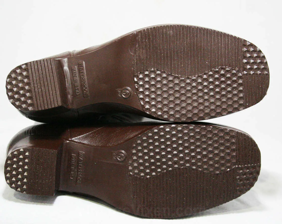 Size 6 Brown Boots - Victorian Inspired Winter Ankle Boot - NOS 1950s Deadstock - Waterproof Vinyl - Fleece Lined - Wide Width Ladies Shoe