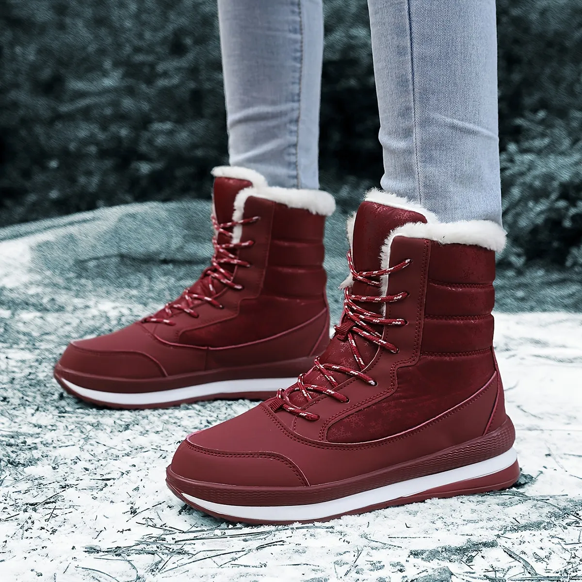 Women's Solid Color Snow Boots, Casual Lace Up Plush Lined Boots, Comfortable Winter Boots