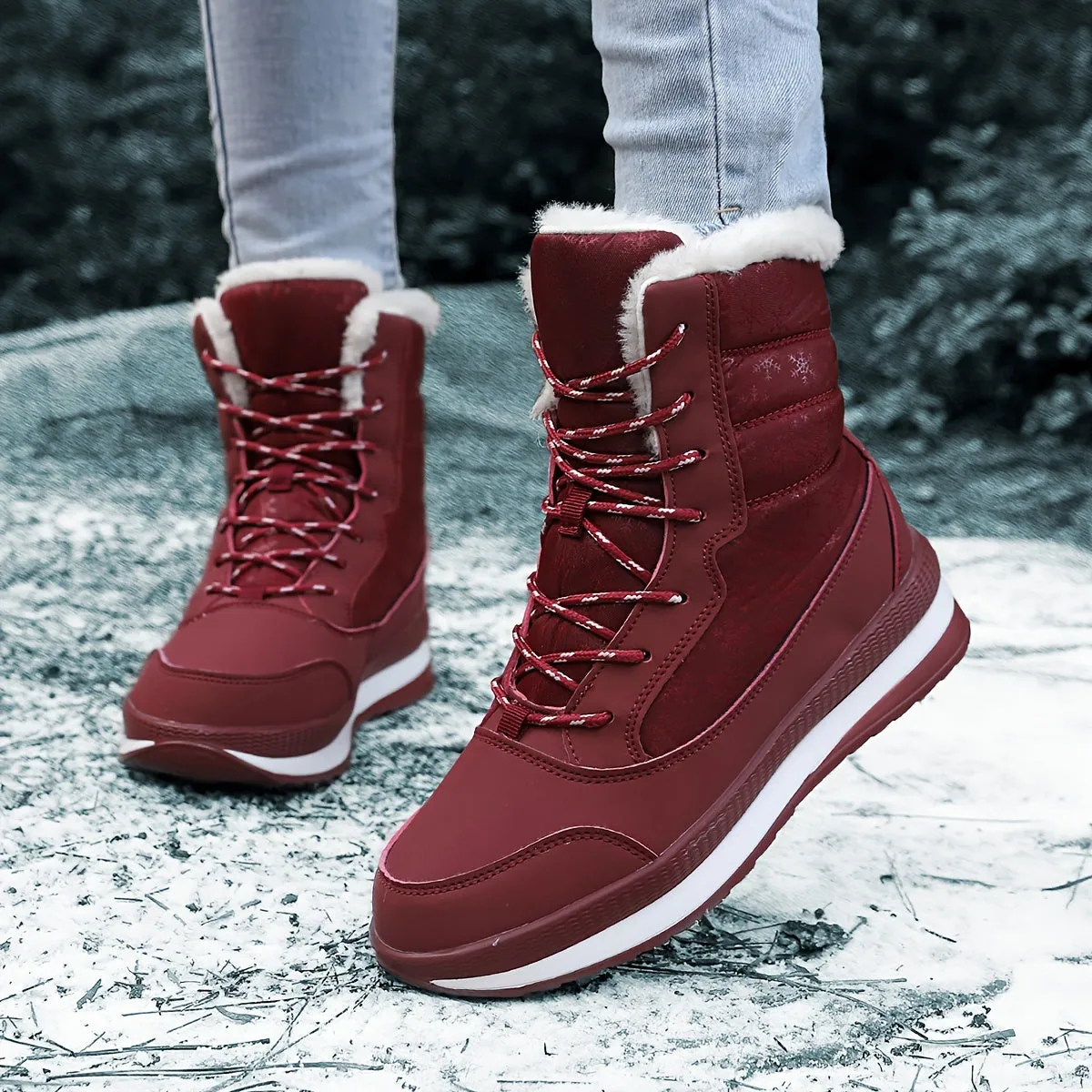 Women's Solid Color Snow Boots, Casual Lace Up Plush Lined Boots, Comfortable Winter Boots